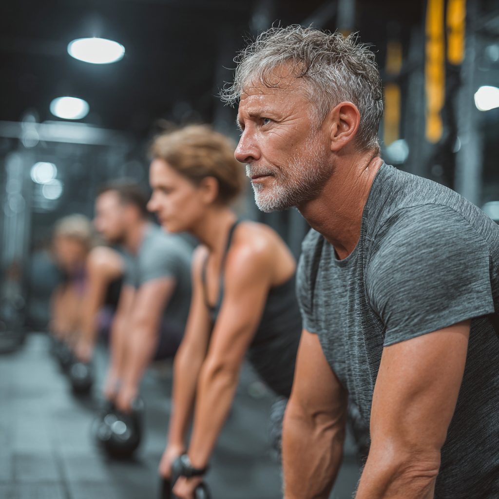 Група активних людей віком 50-60 років займається функціональним тренуванням у сучасному фітнес-залі