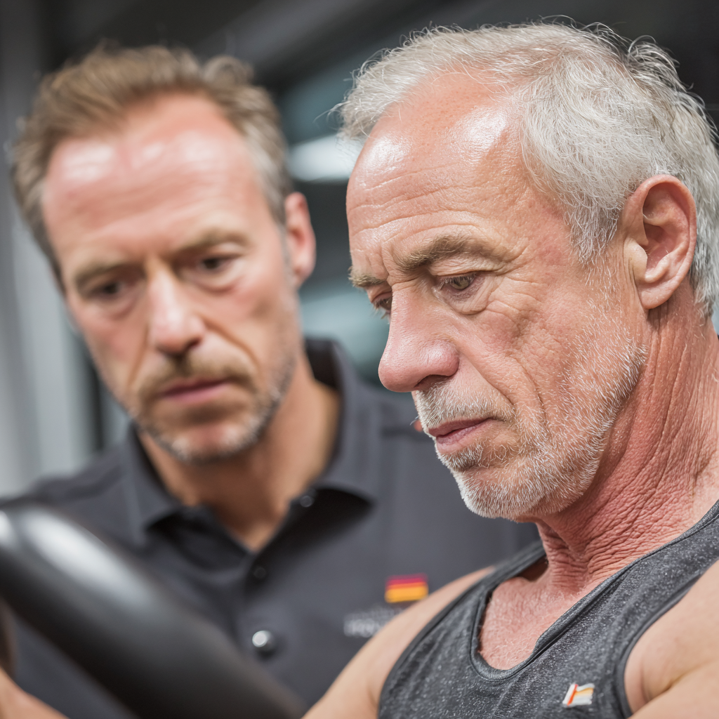 Досвідчений тренер працює з клієнтом віком 55 років, розробляючи індивідуальну програму тренувань у спокійній атмосфері