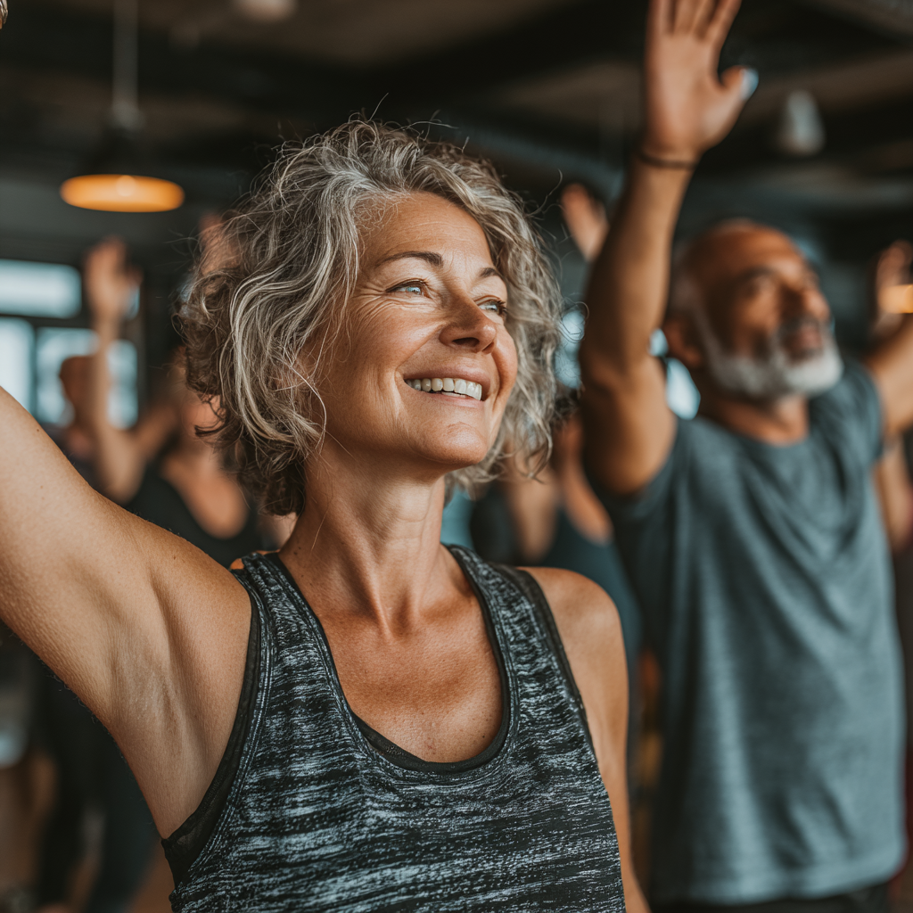 Веселі учасники групового фітнес-заняття віком 50-60 років виконують вправи разом у просторому залі з природним освітленням
