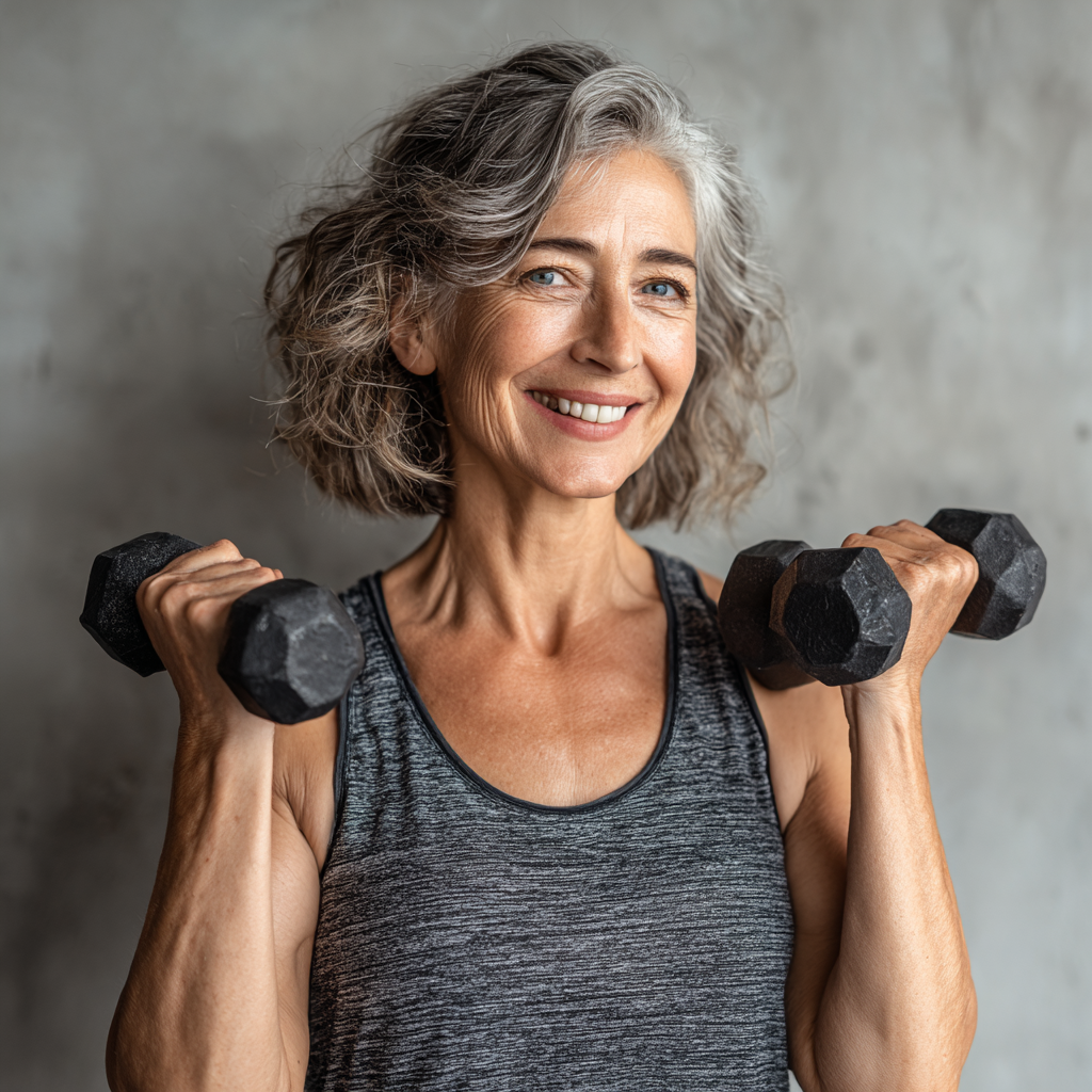 Енергійна жінка 55 років виконує силові вправи з гантелями, усміхається та демонструє відмінну фізичну форму